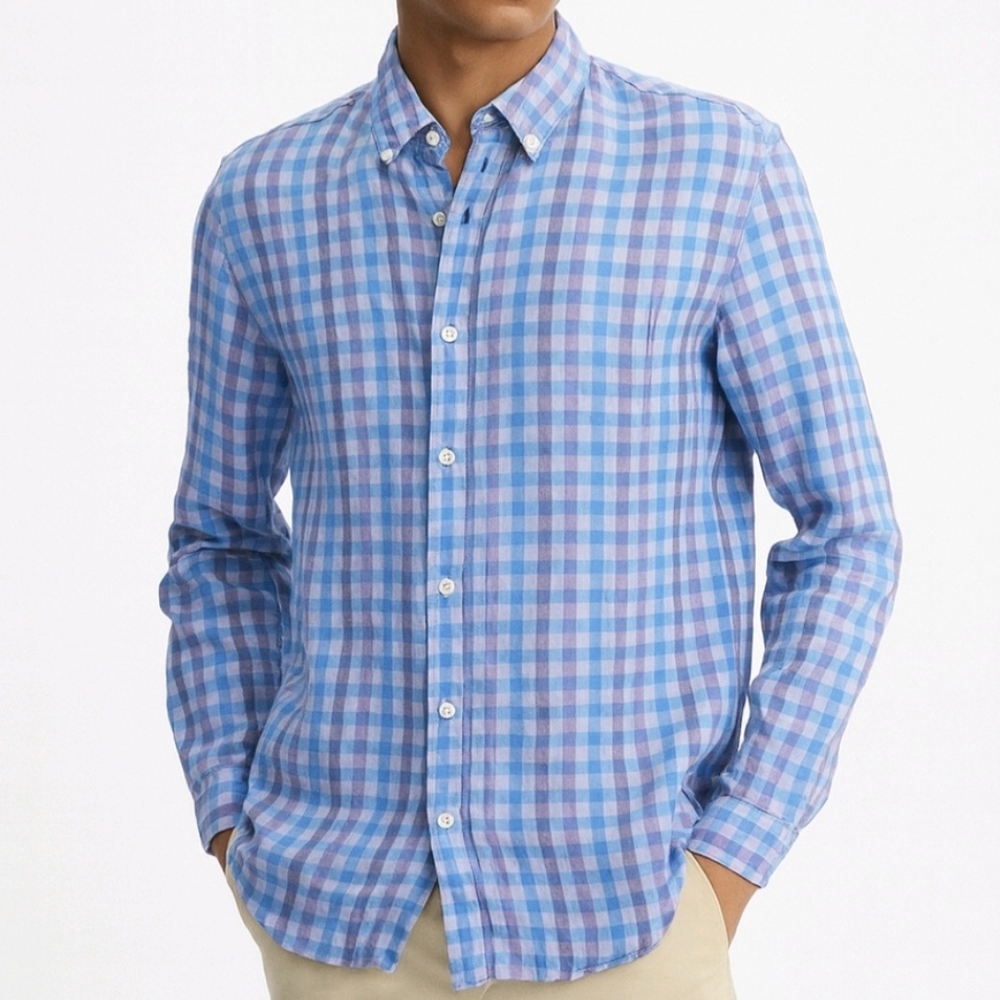 Black Brown 1826 Shirt 100% Linen Blue Gingham Check Long Sleeve Size XX…